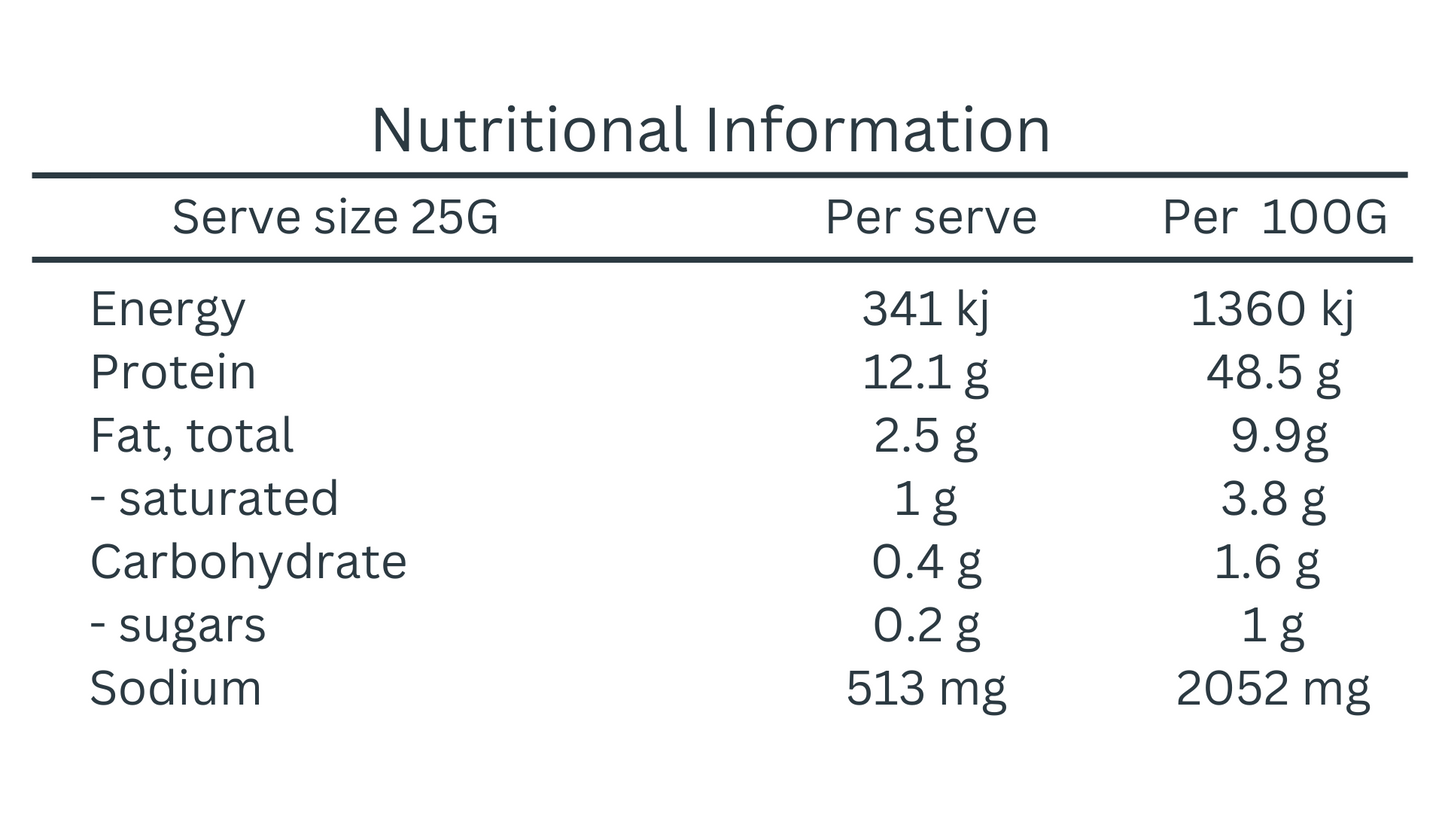Chilli Biltong Sticks, Nutritional information Panel