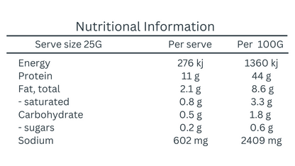 Salt N Vinegar Biltong, Nutritional information Panel 